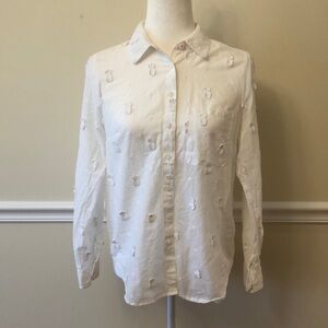 Anthropologie Maeve White Button Down Shirt with Pineapple Appliqués Size 6 EUC